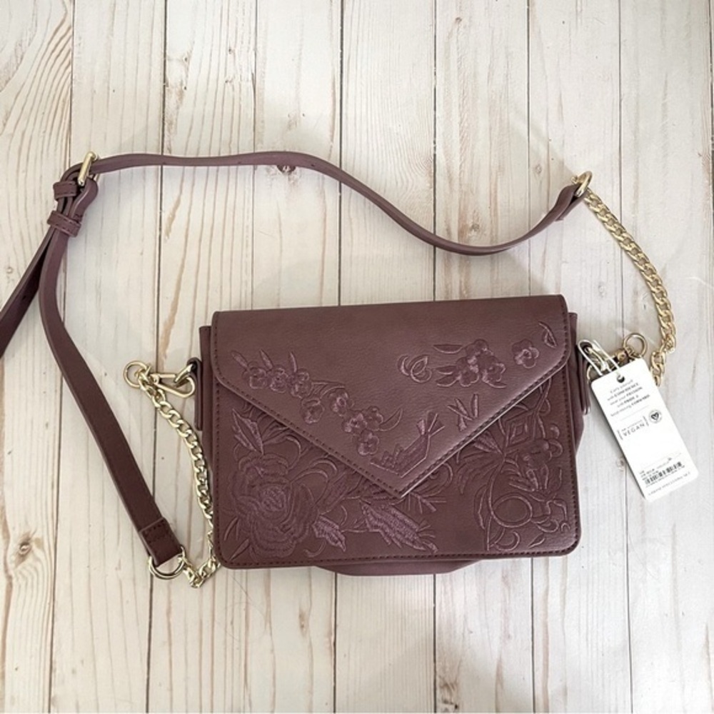 NWT Urban Expressions Wine Maroon Embroidered Envelope Crossbody Purse Vegan